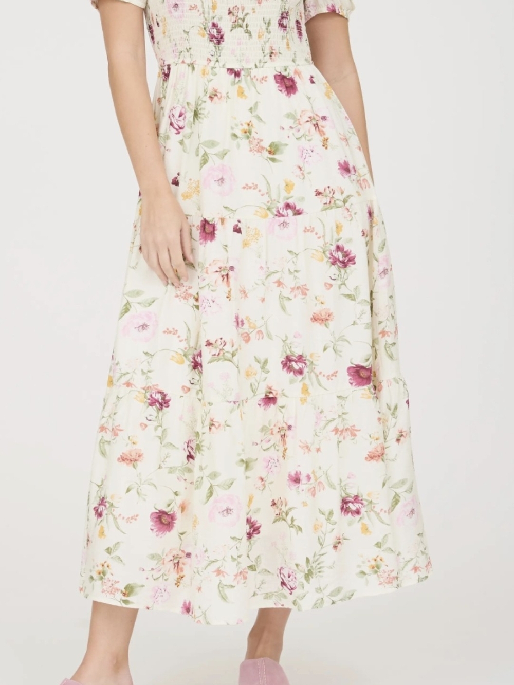 Floral Cream Maxi Dress with Pink & Green Accents